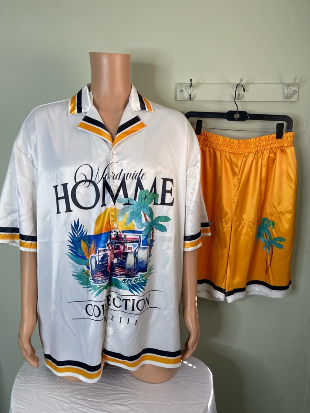 Worldwide Homme White & Yellow Tropical Print Men’s Shorts Set